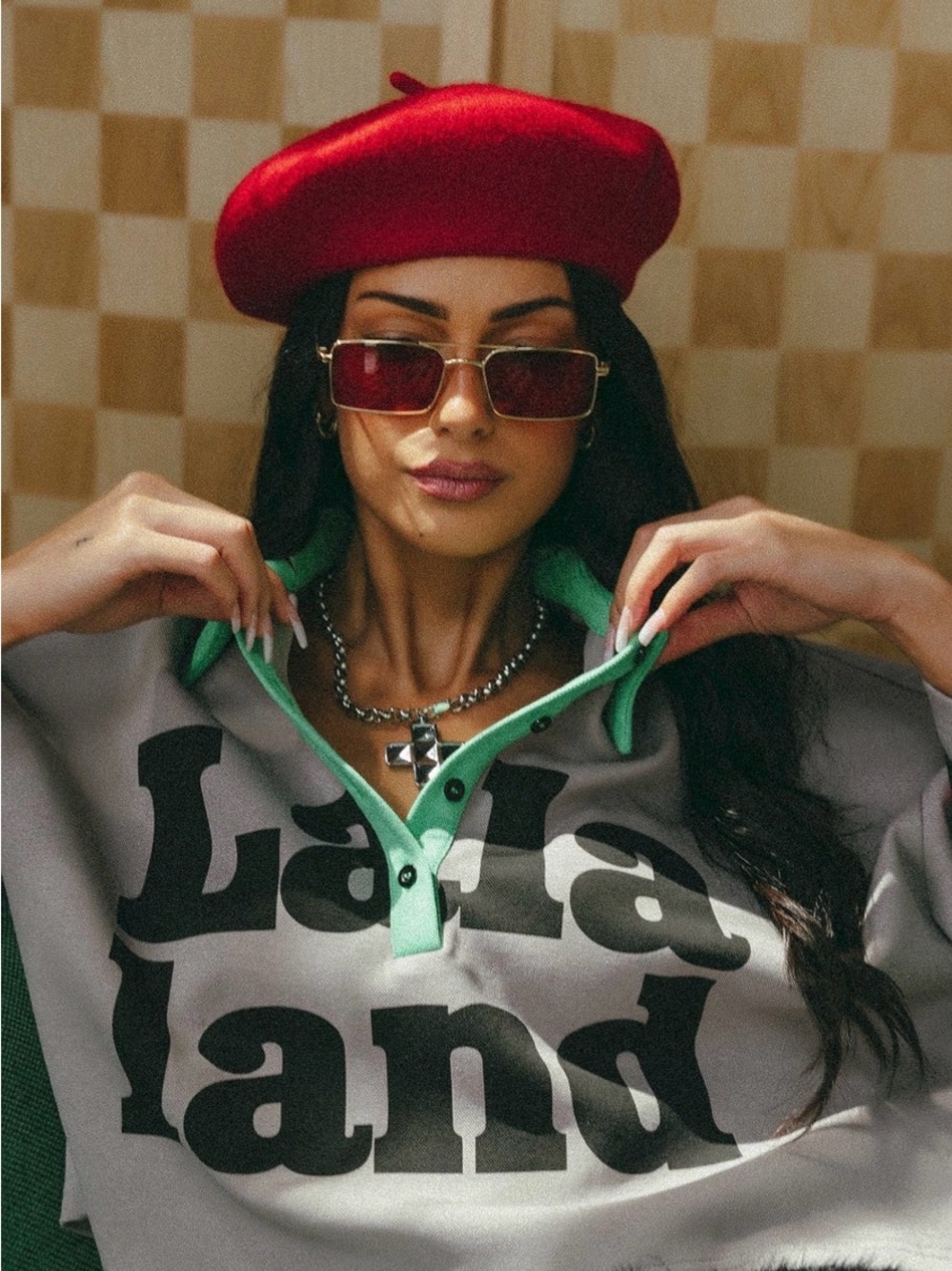 Dressed in LALA Grey Crop Top with Green Trim and Black Logo